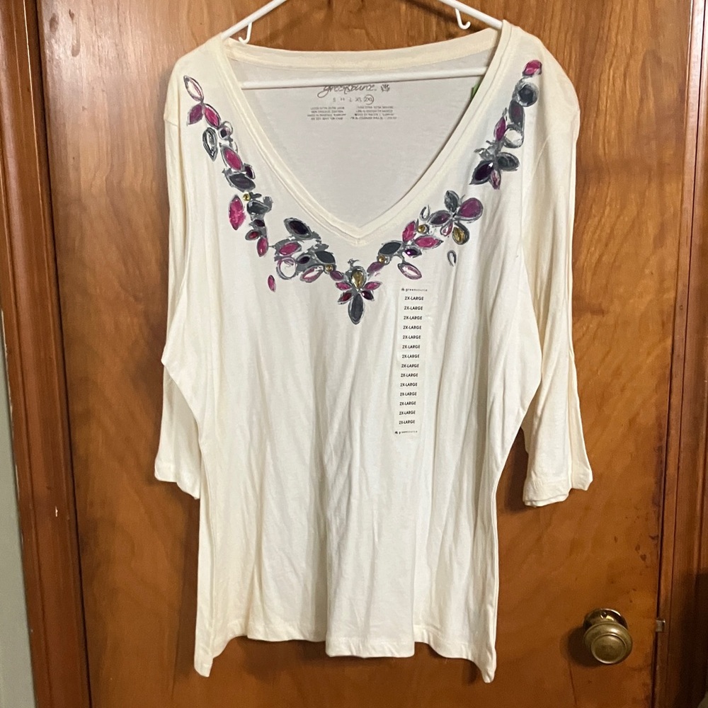 J. Jill Cream Long Sleeve Top with Floral Accents and has beaded jewels